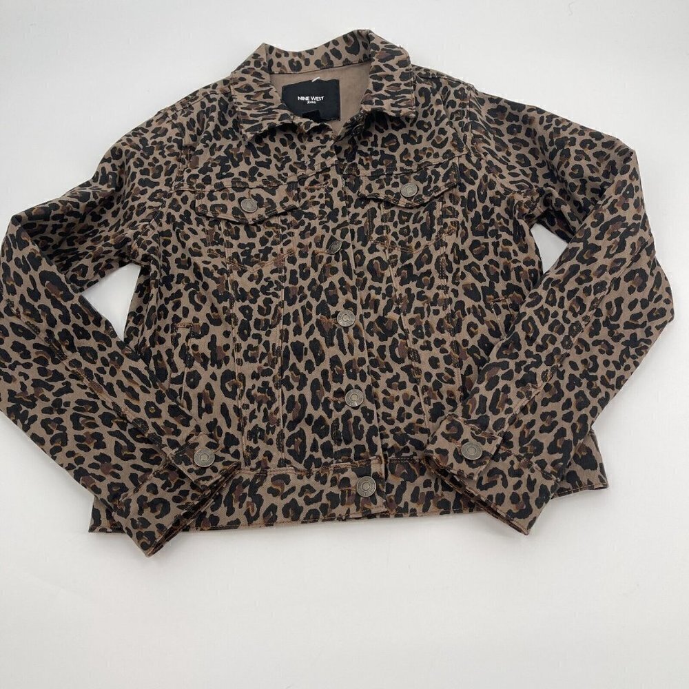 Nine West Jacket Small Womens Brown Animal Print Button Up Casual Long Sleeves - Picture 2 of 12